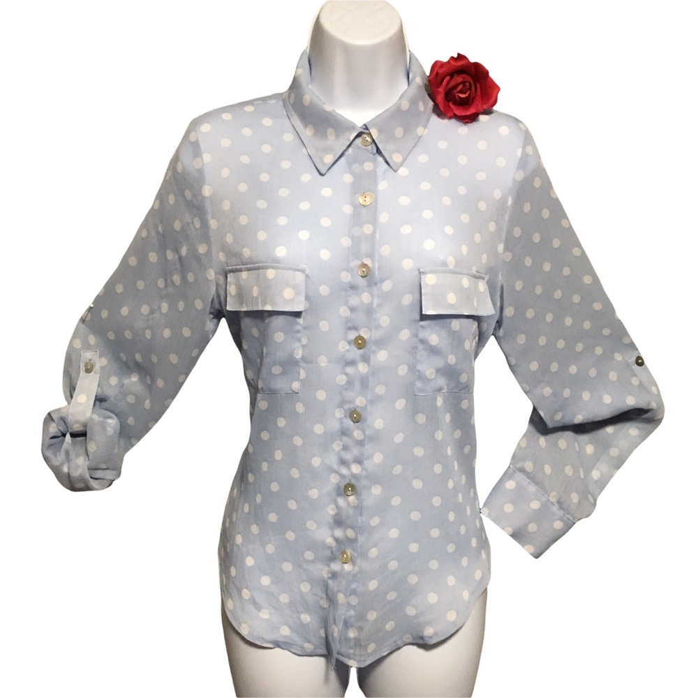 Side Stitch Los Angeles Blue Polka Dot Button Down Roll Tab Sleeve Blouse M